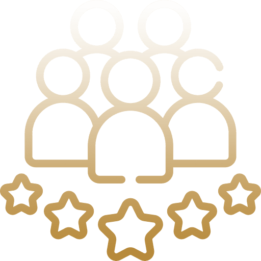 Icon of a group with five stars below, symbolizing top-rated community or team.