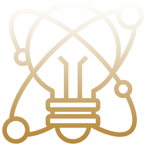 Stylized light bulb with atom orbit design symbolizing innovation.
