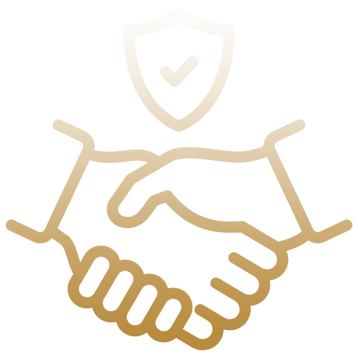 Two hands shaking with a shield and checkmark above symbolizing trust and security.