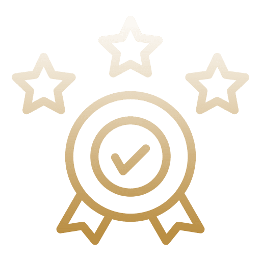 Golden badge with three stars and a checkmark symbol.