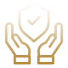 Golden hands holding a shield with a checkmark symbolizing protection and security.